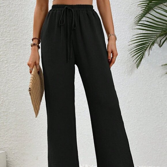 Black Casual Women's Drawstring Waist Wide Leg Pants - Picture 4 of 6